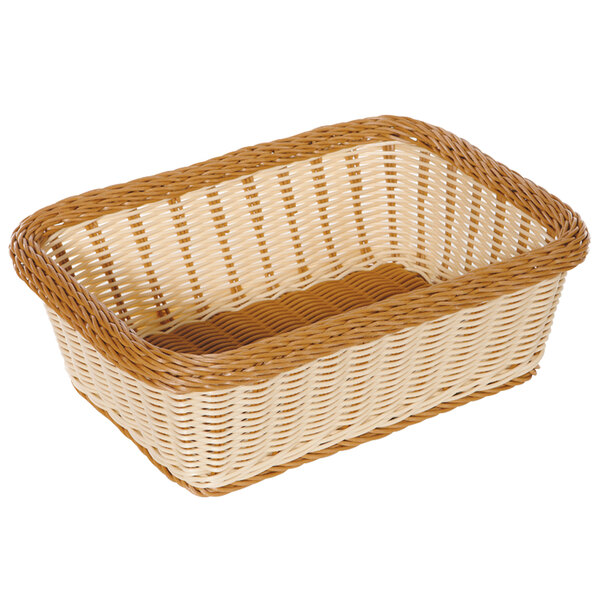 A white rectangular plastic basket with a brown rim and handles.