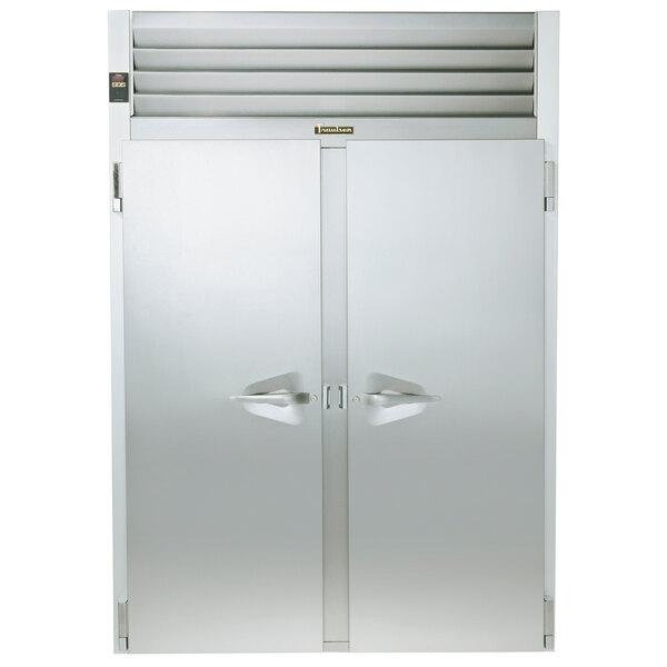 A Traulsen stainless steel holding cabinet with two doors open.