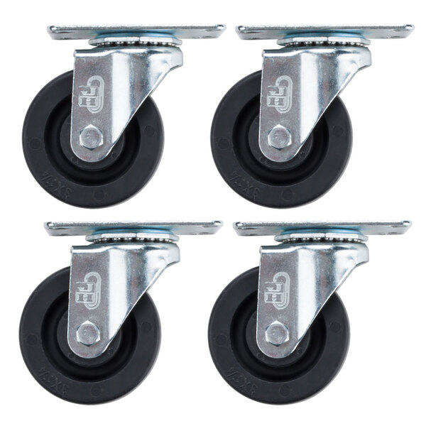 A set of 4 black rubber caster wheels for Beverage-Air SF34-B and SF49.
