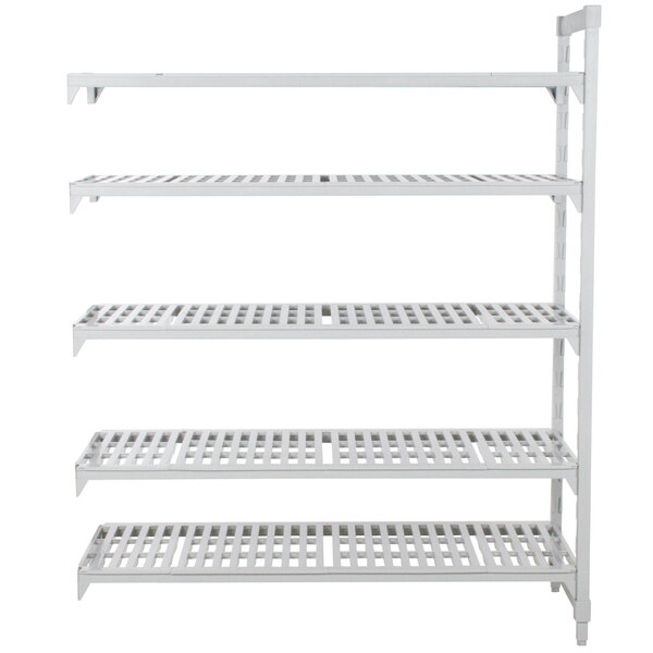A white metal Cambro Camshelving Premium add on unit with 5 shelves.