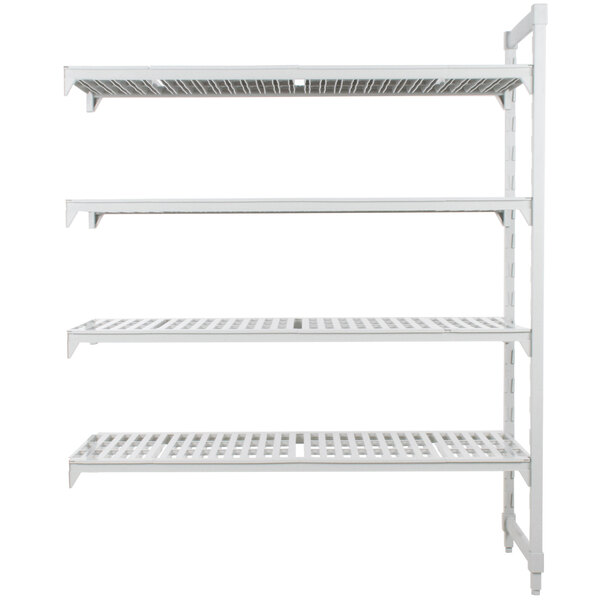A white metal shelf with four shelves.