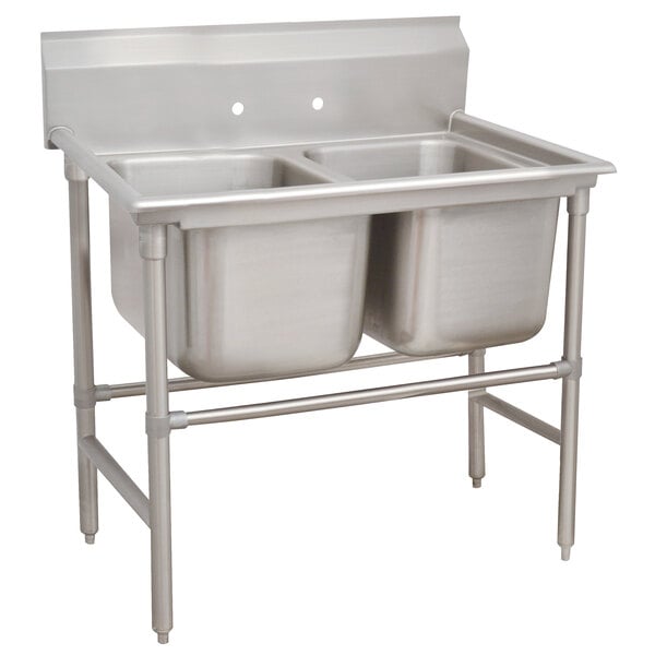 A stainless steel Advance Tabco two bowl sink with two compartments.