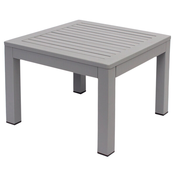 A BFM Seating soft gray aluminum square end table with wooden top.