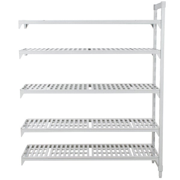 A white Cambro Camshelving Premium vented add on unit with 5 shelves.