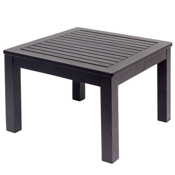A black square BFM Seating aluminum end table with legs.