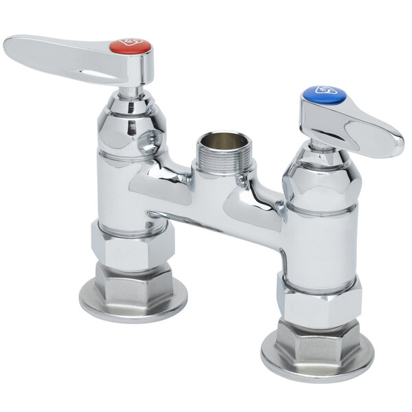 A T&S deck mounted faucet with chrome and blue handles.