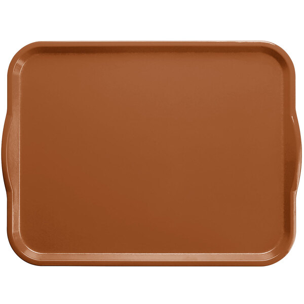 A brown rectangular fiberglass Cambro tray with handles.