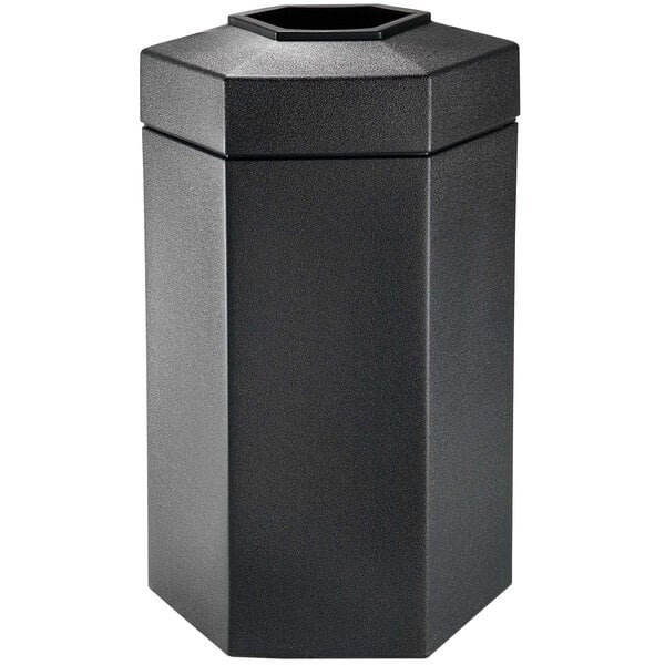 A black hexagonal Commercial Zone PolyTec waste container with an open top.