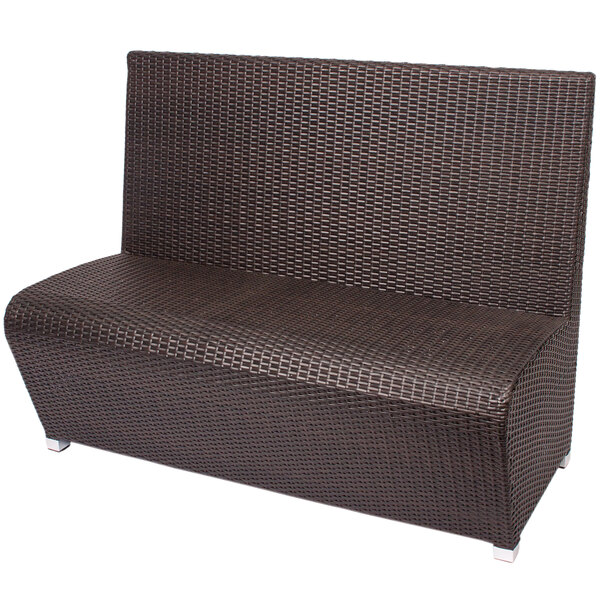 A brown wicker booth bench with a synthetic weave back and seat.