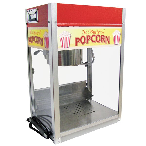 A Paragon Rent-A-Pop popcorn machine with a red and white top.