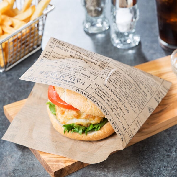 A burger wrapped in an American Metalcraft newspaper print sandwich wrap on a cutting board.