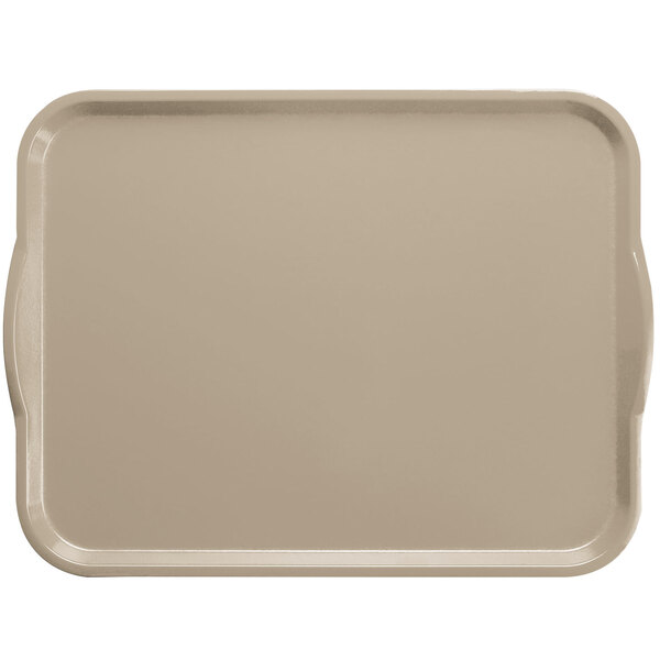 A rectangular taupe Cambro tray with handles.
