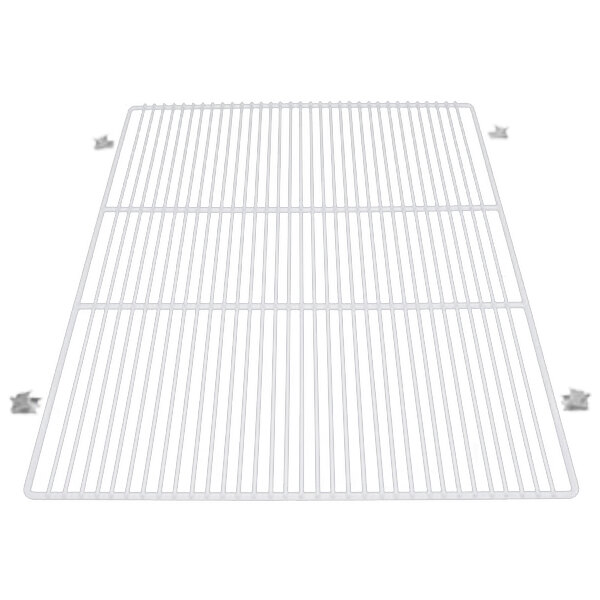A white metal grid shelf for a True refrigerator with white shelf supports.