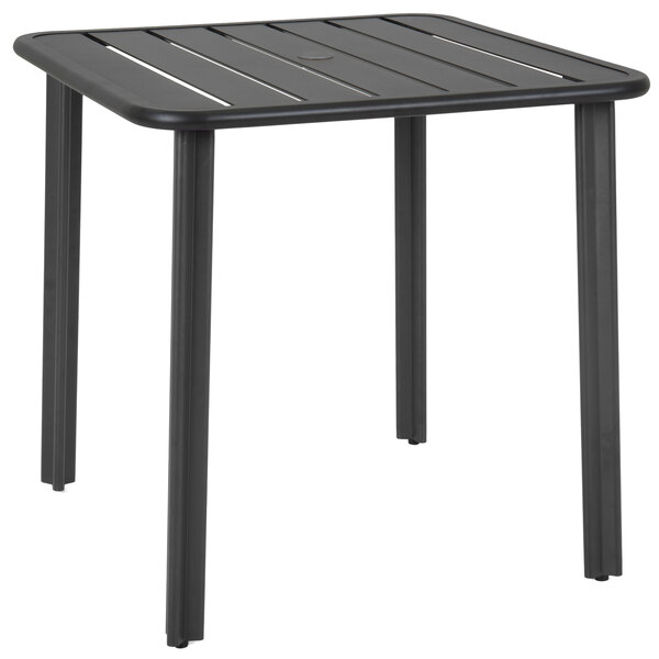 A BFM Seating Vista black aluminum square table with legs.
