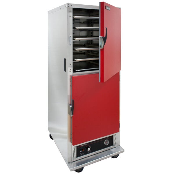 A red and silver Cres Cor holding cabinet with a solid half door open.