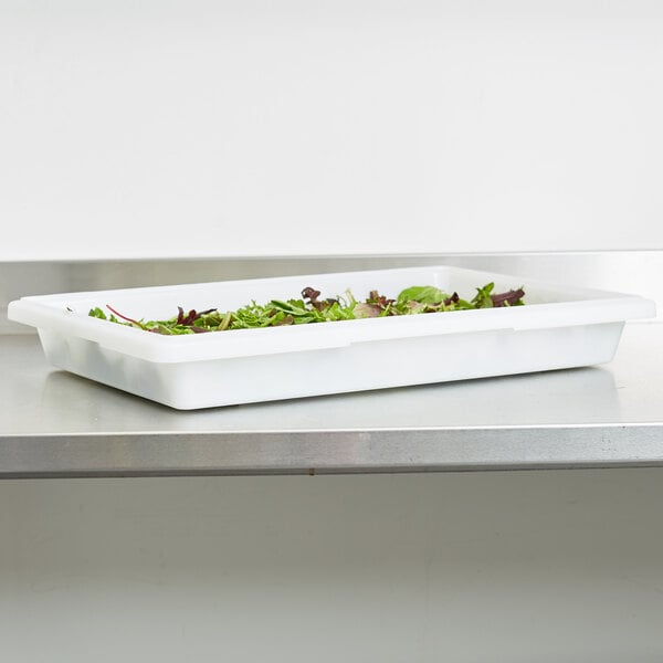 A Carlisle white food storage box on a shelf filled with green leaves.