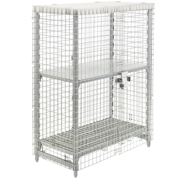 A metal wire cage with shelves.