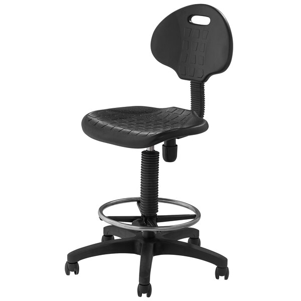A black National Public Seating office stool with a metal foot ring.