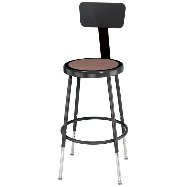 A black National Public Seating lab stool with a brown hardboard seat and back.