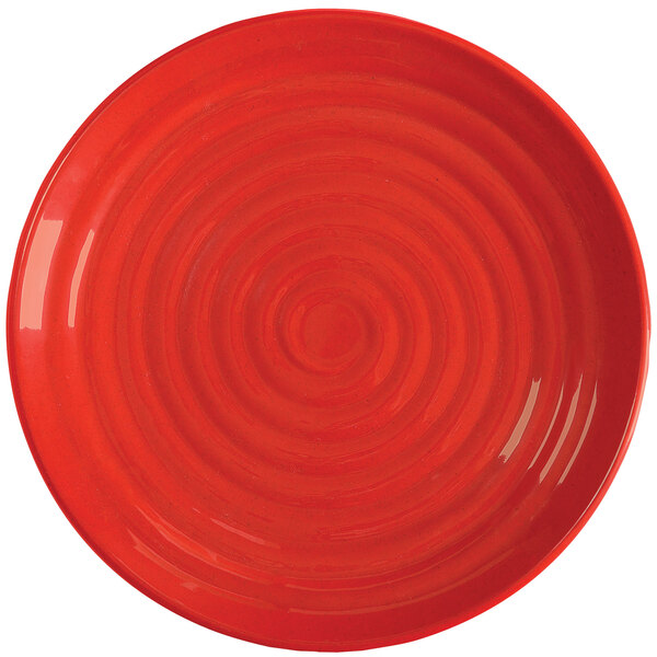 A red GET Melamine plate with spiral pattern.