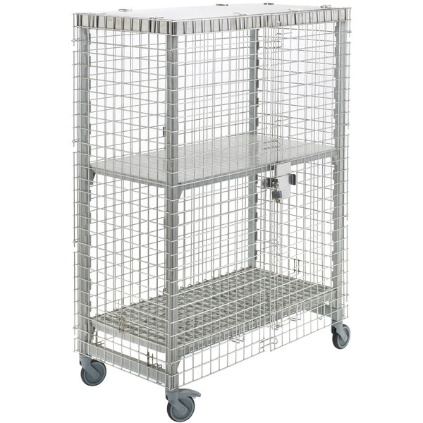 A Cambro Camshelving® mobile security cage with shelves on wheels.