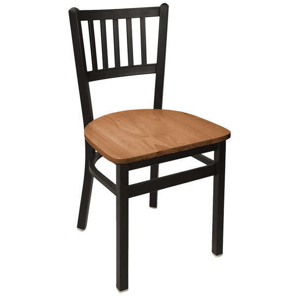 A BFM Seating Troy side chair with a wooden seat and black metal frame.