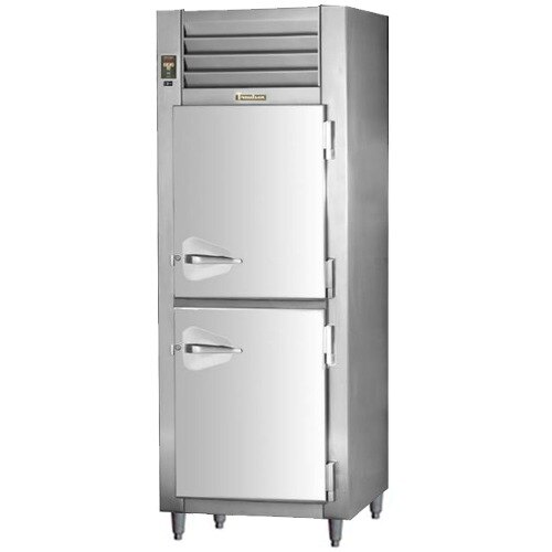 A Traulsen stainless steel reach-in refrigerator with two half doors, one open.