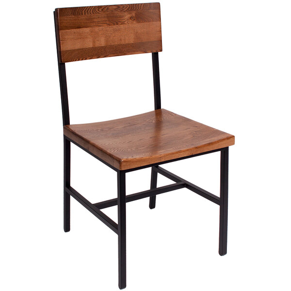 A BFM Seating Memphis side chair with a wooden seat and black metal legs.