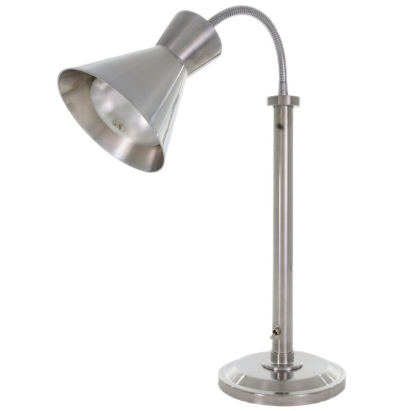 A silver metal Hanson Heat Lamps freestanding heat lamp with a flexible pole.
