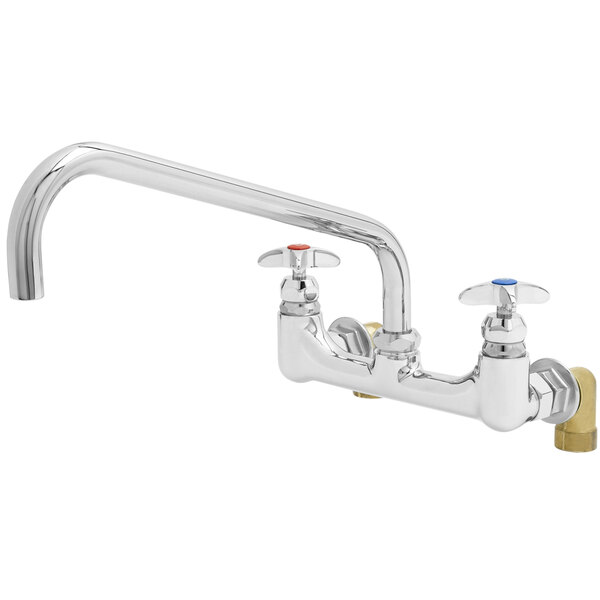A chrome T&S wall mount faucet with 4-arm handles and a 14" swing spout.