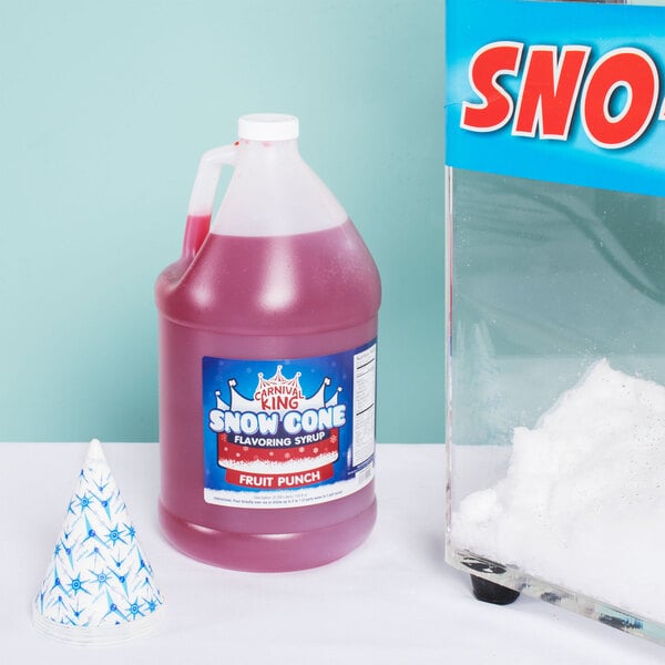 A plastic jug of pink Carnival King Fruit Punch Snow Cone Syrup.