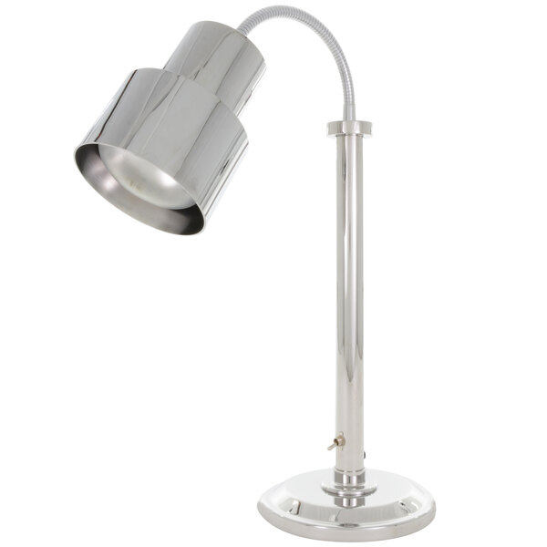 A silver Hanson Heat Lamps freestanding heat lamp with a flexible neck.