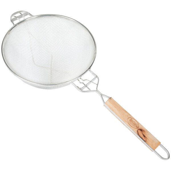 A Tablecraft reinforced heavy-duty tin strainer with a wooden handle.
