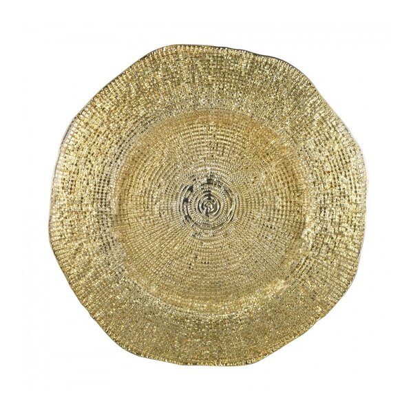 A gold 10 Strawberry Street Diamante Nouve charger plate with a circular pattern.