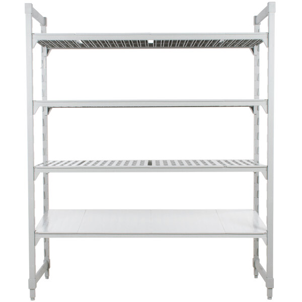 A white metal Cambro Camshelving® stationary unit with shelves on it.