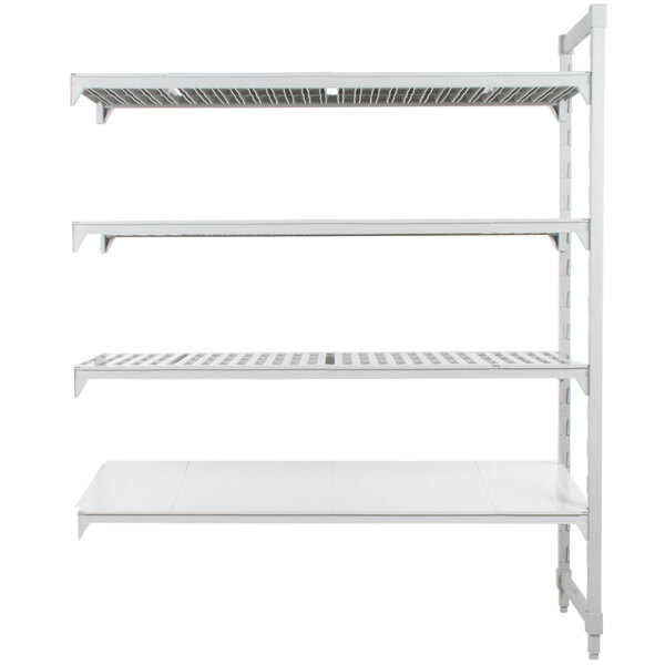 A white Cambro Camshelving® stationary add-on unit with 3 vented and 1 solid shelf.