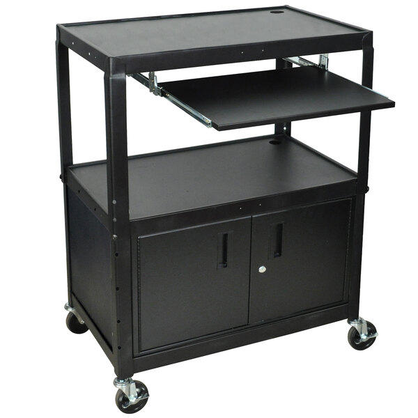 A black metal Luxor AV Cart with a shelf and locking cabinet.