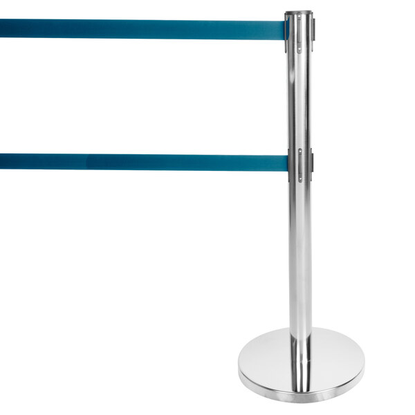 A silver Aarco crowd control stanchion with dual blue belts.