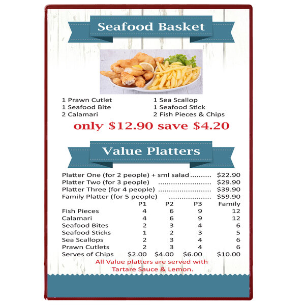 A white Hamilton menu board with a seafood basket menu.