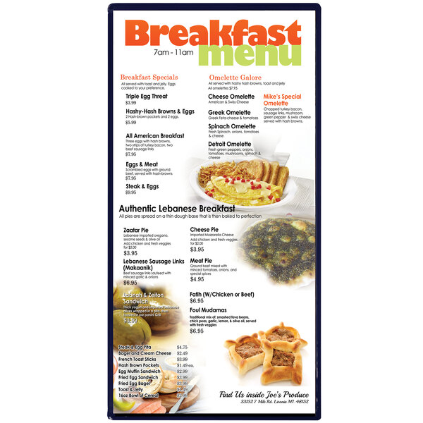 A dark blue Hamilton menu board with two panels open to show a breakfast and lunch menu.