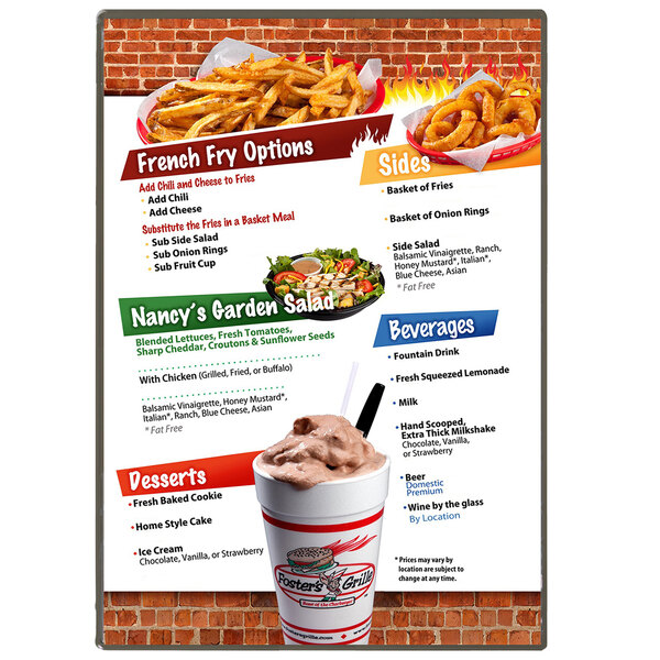 A silver Hamilton menu board with two pages showing a menu for fast food.