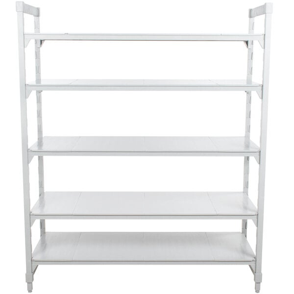 A white metal Cambro Camshelving Premium stationary unit with 5 shelves.