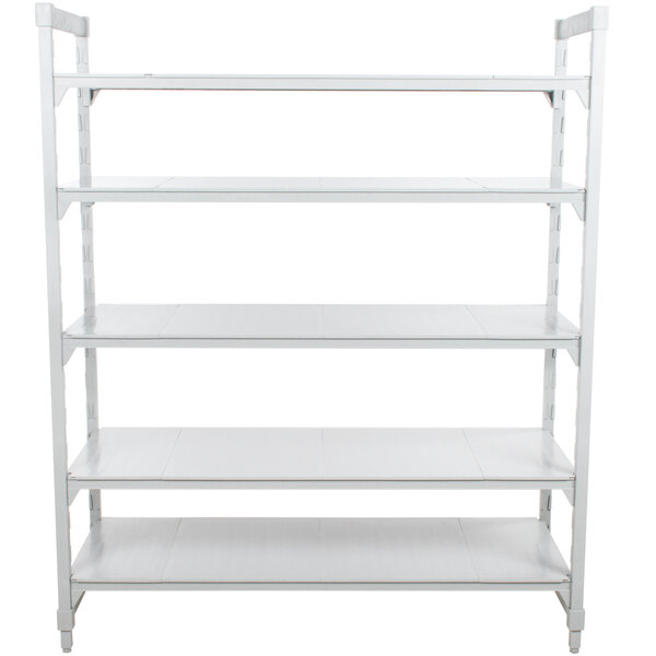A white Cambro Camshelving® Premium stationary starter unit with 5 shelves.