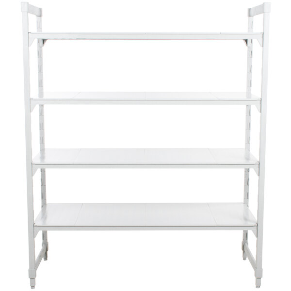 A white metal Cambro Camshelving® Premium stationary unit with 4 shelves.