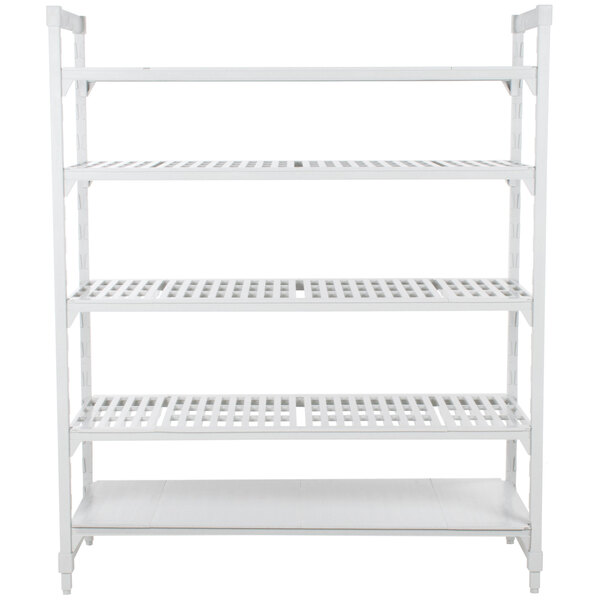 A white Cambro Camshelving Premium starter unit with 4 vented and 1 solid shelf.