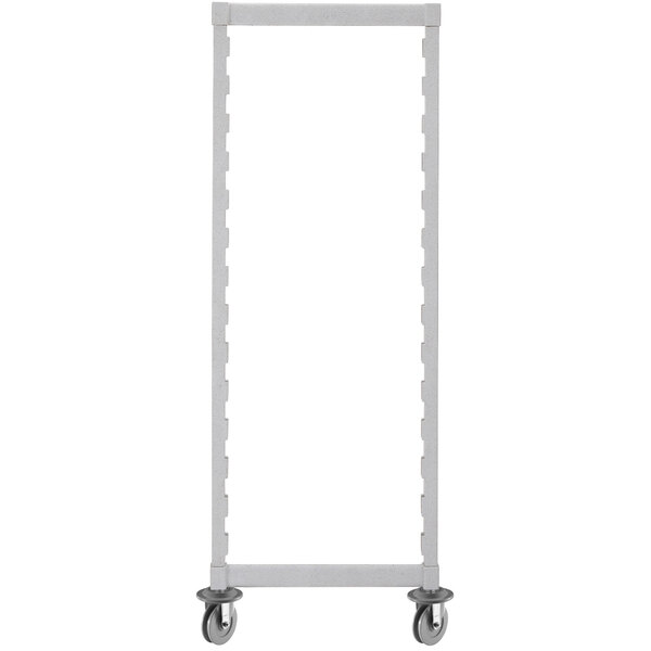 A white rectangular metal mobile post kit with wheels.