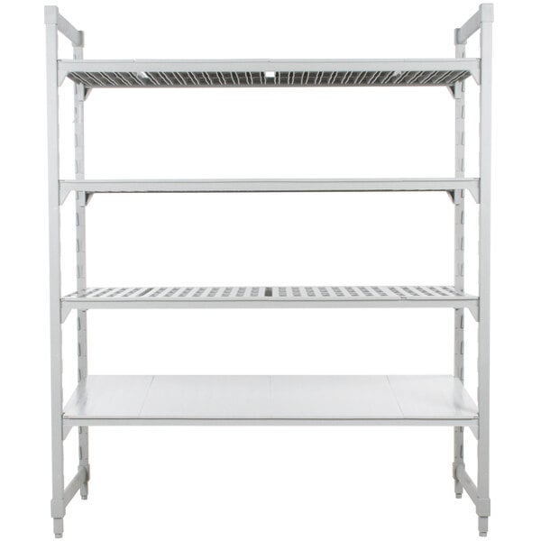 A white metal Cambro Camshelving® Premium stationary unit with 3 vented shelves and 1 solid shelf.