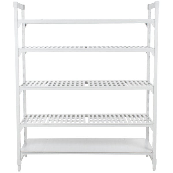 A white Cambro Camshelving Premium starter unit with 4 vented and 1 solid shelf.