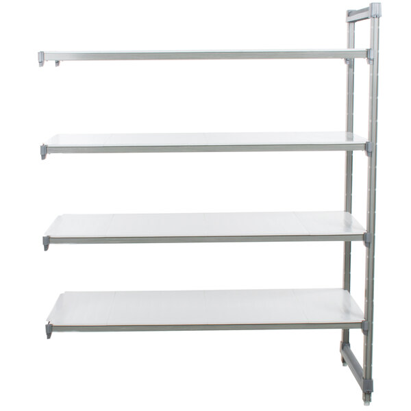 A white shelf with metal bars and four shelves.