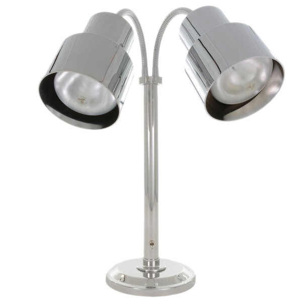 A chrome freestanding dual bulb heat lamp with two Hanson heat lamps.